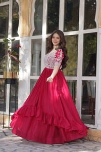 Azorte Fashion  Premium Readymade Star Georgette Kurti with Slit & Lehenga Set - XXL