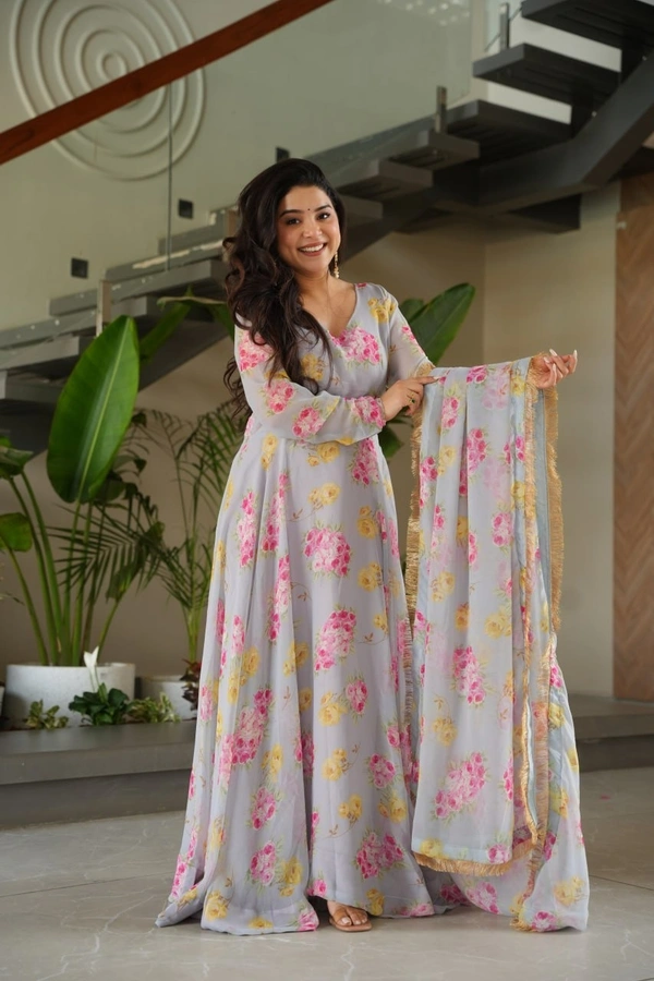 Azorte Fashion  Designer Faux Georgette Floral Print Gown with Dupatta - XXL
