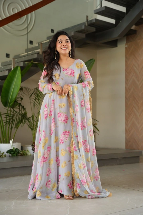 Azorte Fashion  Designer Faux Georgette Floral Print Gown with Dupatta - XXL