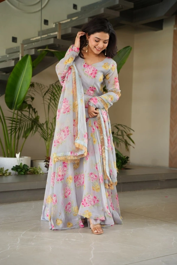 Azorte Fashion  Designer Faux Georgette Floral Print Gown with Dupatta - XXL
