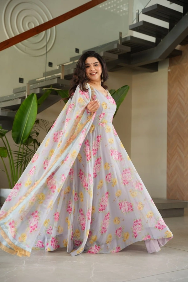 Azorte Fashion  Designer Faux Georgette Floral Print Gown with Dupatta - XXL