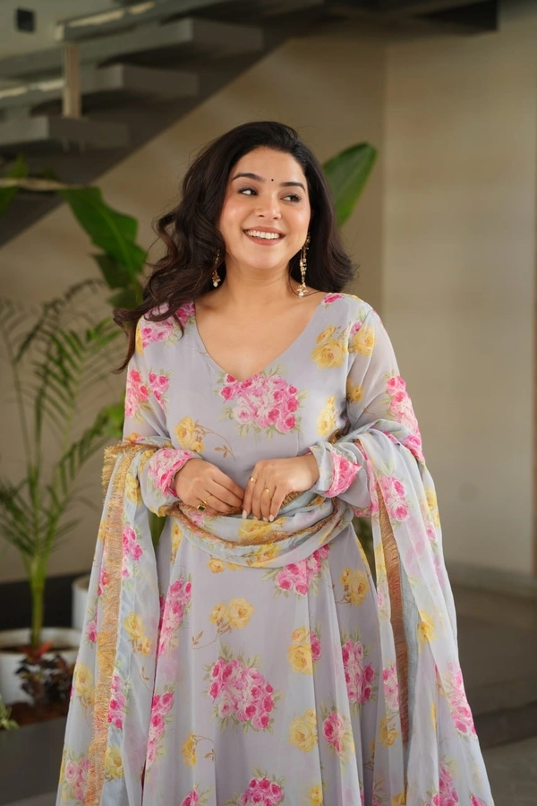 Azorte Fashion  Designer Faux Georgette Floral Print Gown with Dupatta - XXL
