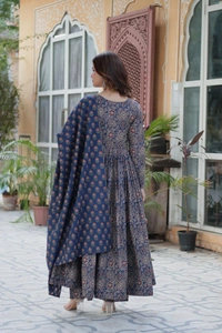 Azorte Fashion Premium Pure Cotton Readymade Kurti-Pant-Dupatta Set with Fancy V Neck - XL