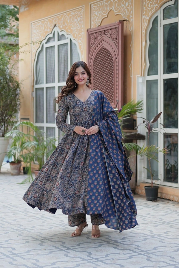 Azorte Fashion Premium Pure Cotton Readymade Kurti-Pant-Dupatta Set with Fancy V Neck - XL