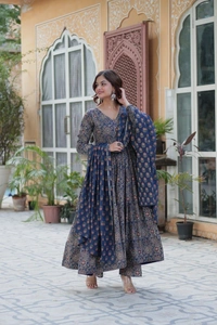 Azorte Fashion Premium Pure Cotton Readymade Kurti-Pant-Dupatta Set with Fancy V Neck - XL