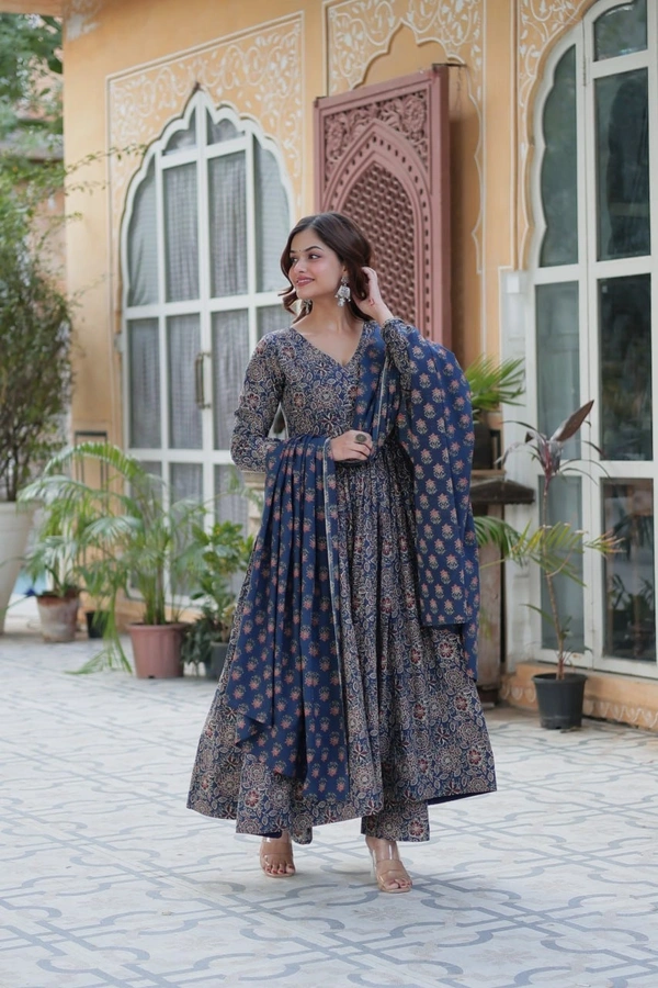 Azorte Fashion Premium Pure Cotton Readymade Kurti-Pant-Dupatta Set with Fancy V Neck - XL