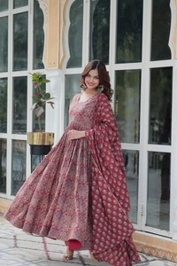 Azorte Fashion Premium Pure Cotton Readymade Kurti-Pant-Dupatta Set with Fancy V Neck - XXL