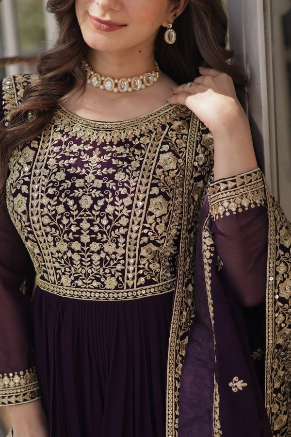 Azorte Fashion Premium Designer Readymade Gown-Dupatta Set with Embroidery Zari Sequins Work - L