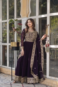 Azorte Fashion Premium Designer Readymade Gown-Dupatta Set with Embroidery Zari Sequins Work - L