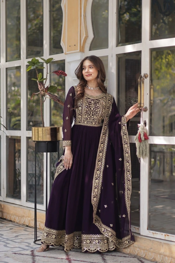 Azorte Fashion Premium Designer Readymade Gown-Dupatta Set with Embroidery Zari Sequins Work - L