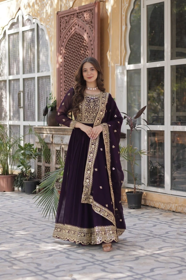Azorte Fashion Premium Designer Readymade Gown-Dupatta Set with Embroidery Zari Sequins Work - L