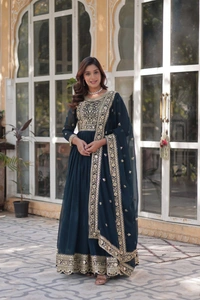 Azorte Fashion Premium Designer Readymade Gown-Dupatta Set with Embroidery Zari Sequins Work - XL