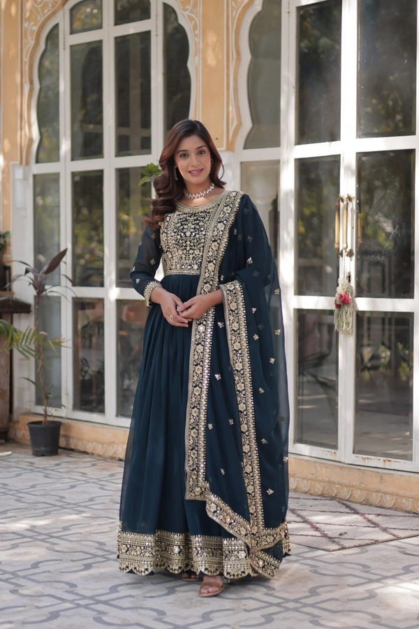 Azorte Fashion Premium Designer Readymade Gown-Dupatta Set with Embroidery Zari Sequins Work - XL