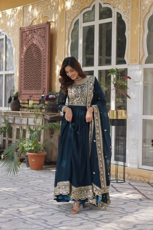 Azorte Fashion Premium Designer Readymade Gown-Dupatta Set with Embroidery Zari Sequins Work - XL