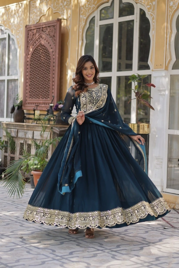Azorte Fashion Premium Designer Readymade Gown-Dupatta Set with Embroidery Zari Sequins Work - XL
