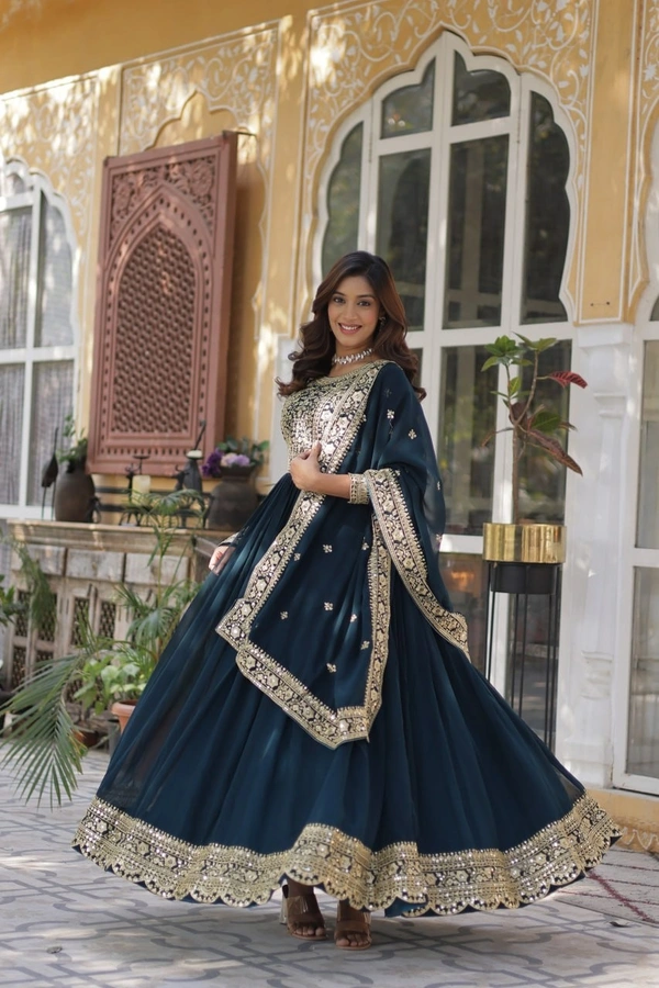 Azorte Fashion Premium Designer Readymade Gown-Dupatta Set with Embroidery Zari Sequins Work - XL
