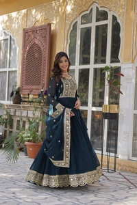 Azorte Fashion Premium Designer Readymade Gown-Dupatta Set with Embroidery Zari Sequins Work - XL