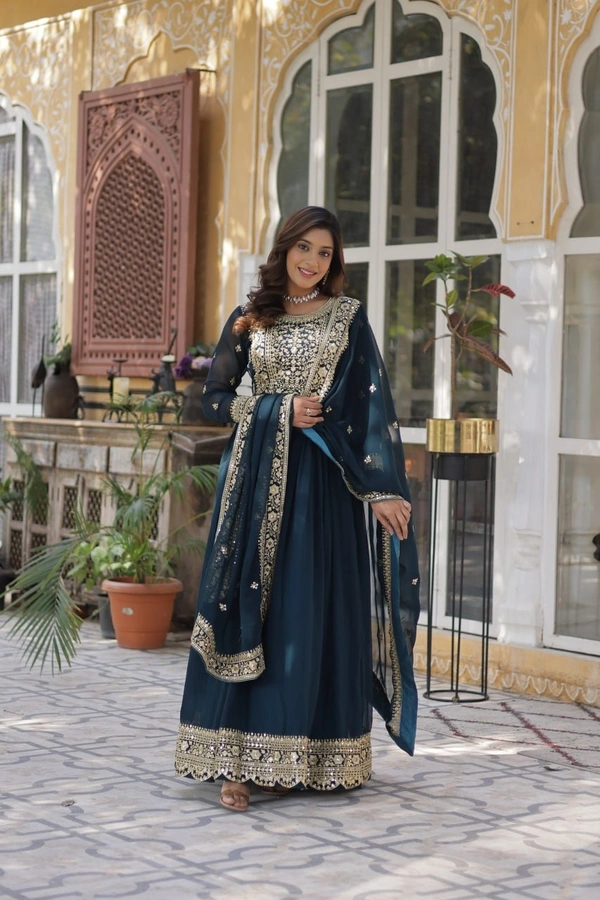 Azorte Fashion Premium Designer Readymade Gown-Dupatta Set with Embroidery Zari Sequins Work - XL