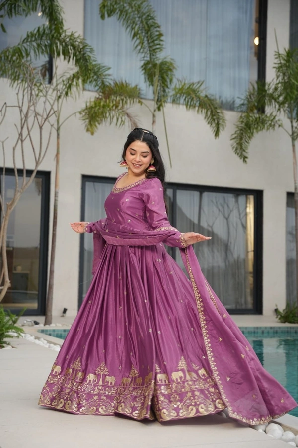 Azorte Fashion Premium Designer Readymade Gown-Dupatta Set – Chinnon Fabric with Embroidery Work - BRT, M