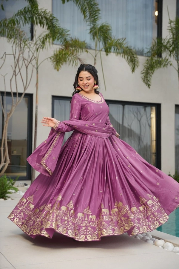 Azorte Fashion Premium Designer Readymade Gown-Dupatta Set – Chinnon Fabric with Embroidery Work - BRT, M
