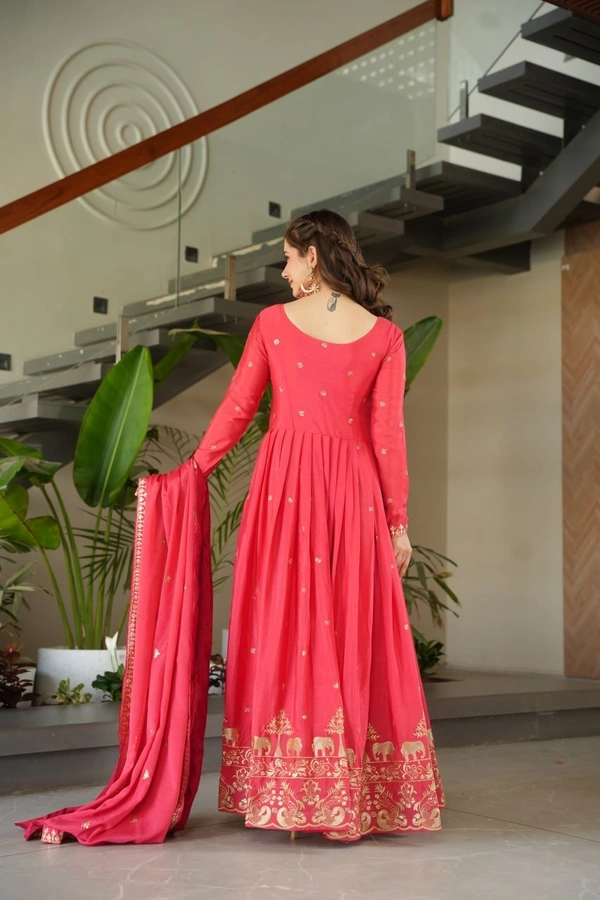 Azorte Fashion Premium Designer Readymade Gown-Dupatta Set – Chinnon Fabric with Embroidery Work - AMH, M