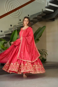 Azorte Fashion Premium Designer Readymade Gown-Dupatta Set – Chinnon Fabric with Embroidery Work - AMH, M