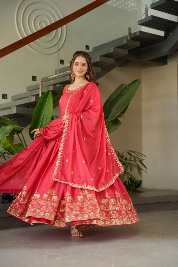 Azorte Fashion Premium Designer Readymade Gown-Dupatta Set – Chinnon Fabric with Embroidery Work - AMH, M