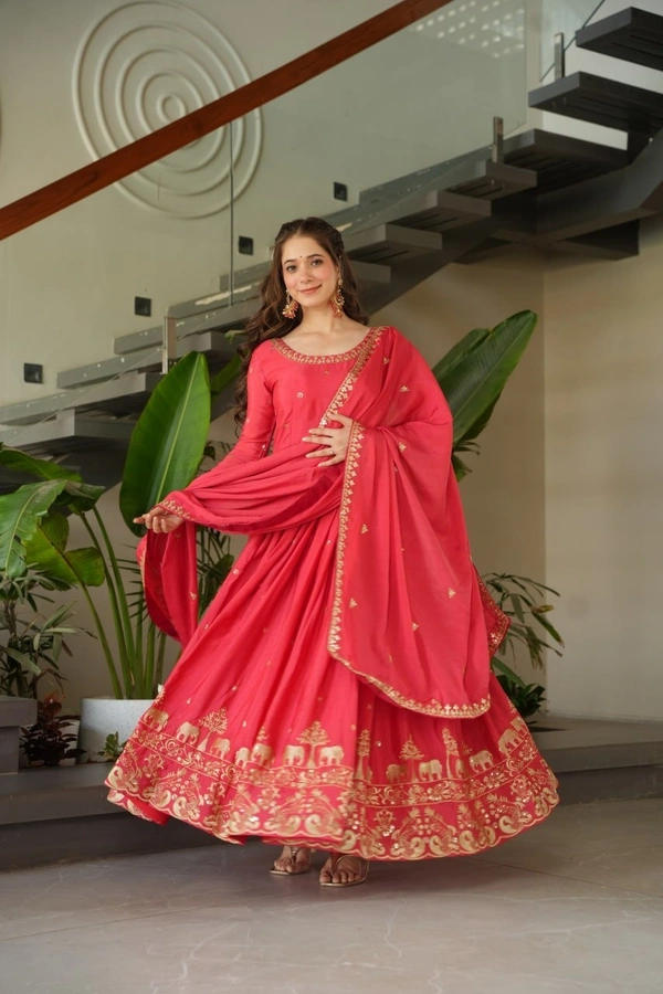 Azorte Fashion Premium Designer Readymade Gown-Dupatta Set – Chinnon Fabric with Embroidery Work - AMH, M