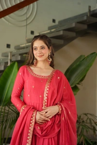 Azorte Fashion Premium Designer Readymade Gown-Dupatta Set – Chinnon Fabric with Embroidery Work - AMH, M