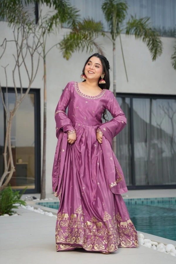 Azorte Fashion Premium Designer Readymade Gown-Dupatta Set – Chinnon Fabric with Embroidery Work - BRT, M