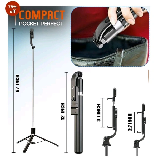 Premium 3-in-1 Selfie Stick Tripod With Bluetooth Remote (72cm)