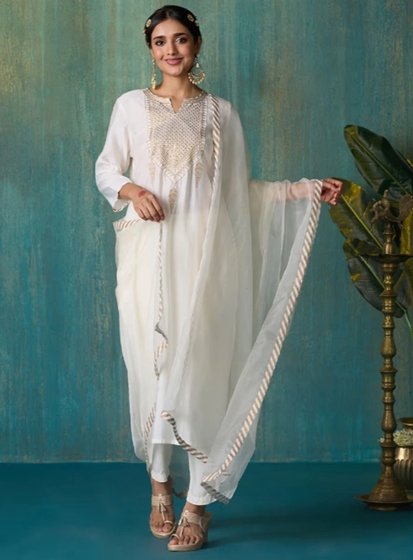 Likha White Tyohar Embroidered Kurti  - M