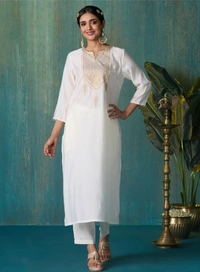 Likha White Tyohar Embroidered Kurti  - M