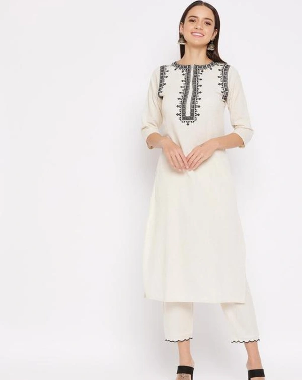 Women Off White Cotton Embroidered Kurta - White, S