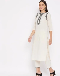 Women Off White Cotton Embroidered Kurta - White, XL