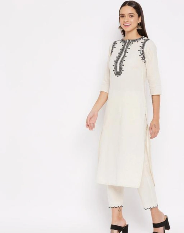 Women Off White Cotton Embroidered Kurta - White, XL