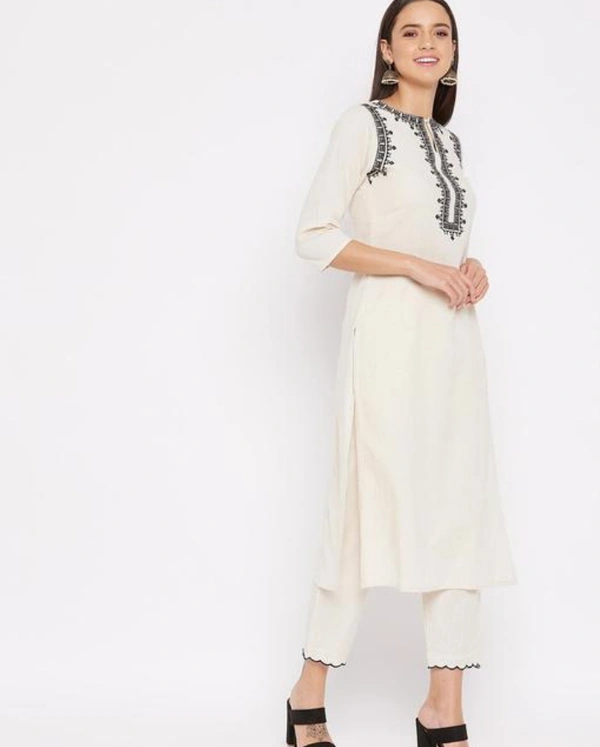 Women Off White Cotton Embroidered Kurta - White, XL