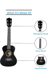 Festra UK-40-Black Concert (23 Inch) Ukulele Body made with Lindon and Mahogany Wood with Bag and 2 Picks (CONCERT-UK-40, BLACK) - Black, Small