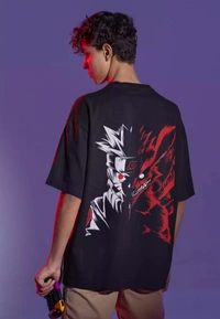 Alfaq Men's Black Uzumaki Naruto One Tail Oversized T-shirt  - Black, S