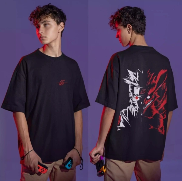 Alfaq Men's Black Uzumaki Naruto One Tail Oversized T-shirt  - Black, M