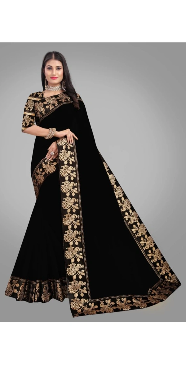 KGDR TRENDZ Solid/Plain Chanderi Cotton BlendSaree (Black) - Black, Free Size