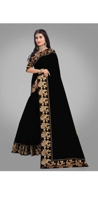 KGDR TRENDZ Solid/Plain Chanderi Cotton BlendSaree (Black) - Black, Free Size