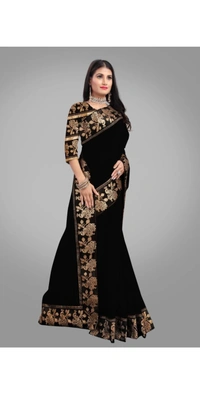 KGDR TRENDZ Solid/Plain Chanderi Cotton BlendSaree (Black) - Black, Free Size