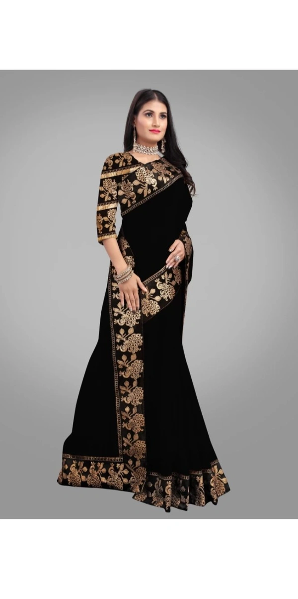 KGDR TRENDZ Solid/Plain Chanderi Cotton BlendSaree (Black) - Black, Free Size