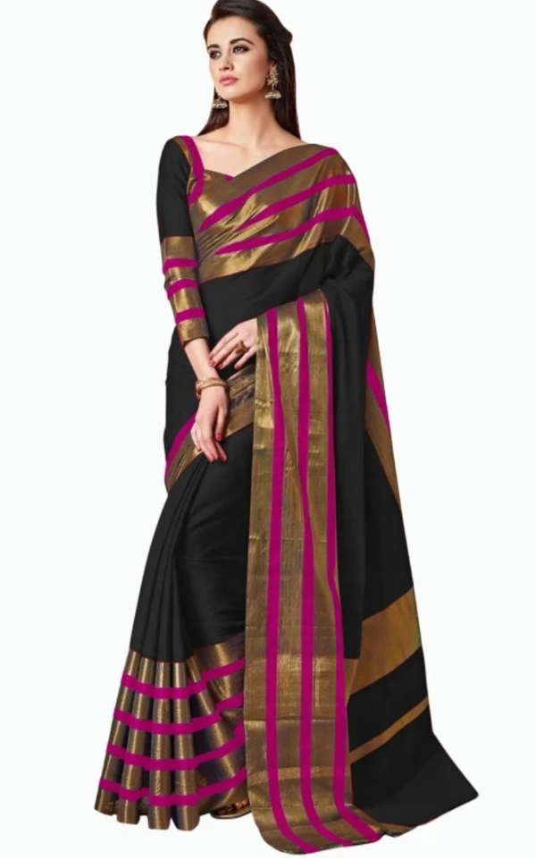 Striped, Woven, Embellished Bollywood Cotton Saree - Free Size
