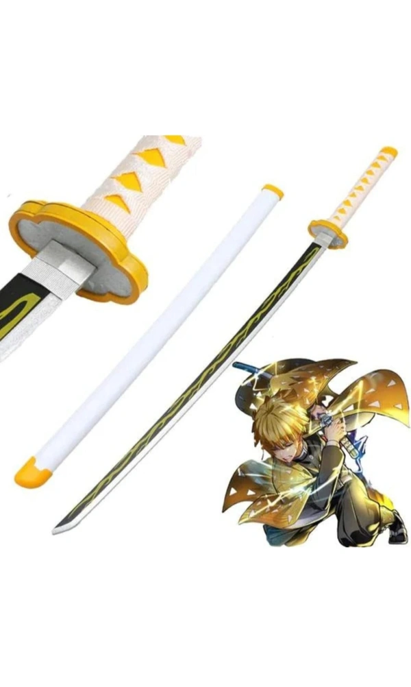 Kawaii Kart | Demon Slayer Cosplay Wooden Sword Zenitsu Agatsuma Nichirin Life Size Replica Wooden Katana - 104 cm | Perfect for Anime Gift, Anime Cosplay, Anime Merchandise Collectibles - 104 cm