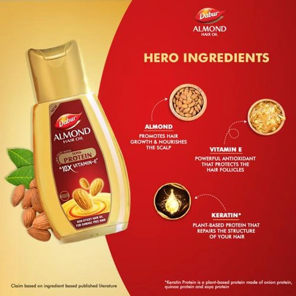 Dabur Almond Hair Oil Enriched With Soya Protein & 10x Vitamin-E - 200ml(Get Dabur Get Toothpaste Worth 20rs)
