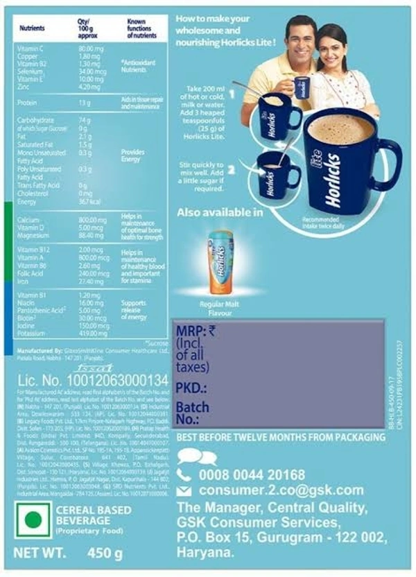 Horlicks Lite  Nourishment For Active Adults Badam Flavour  - 450g(Packet)