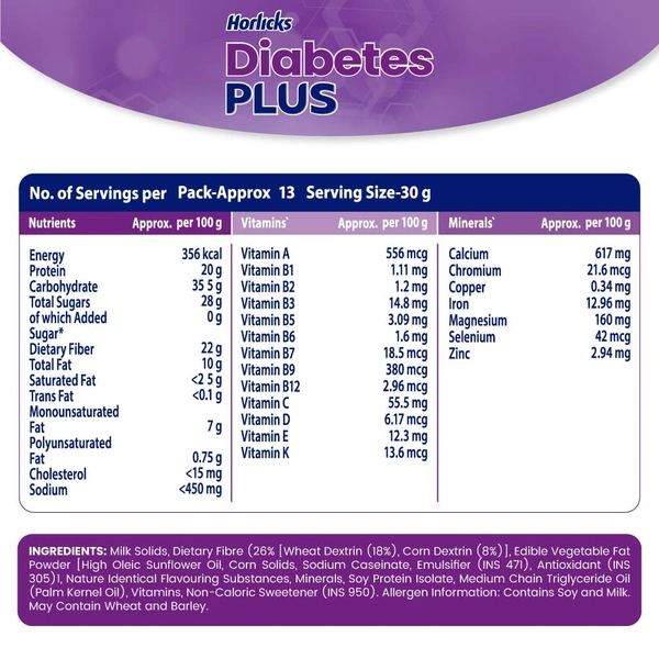 Horlicks Diabetes Plus Helps Managing Blood Sugar For Men& Women Vanilla Flavour  - 200g