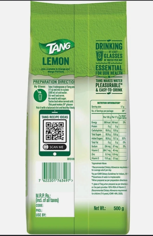 Tang Vitamin-C Enriched Instant Drink Mix Lemon Flavour - 500g(Packet)